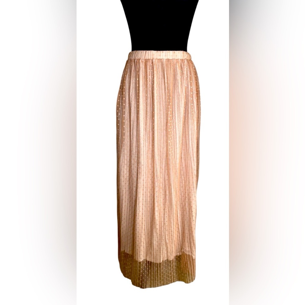 Neutral Pleated Polka Dot Sheer Lined Tulle Casual Maxi Skirt Women’s Size M